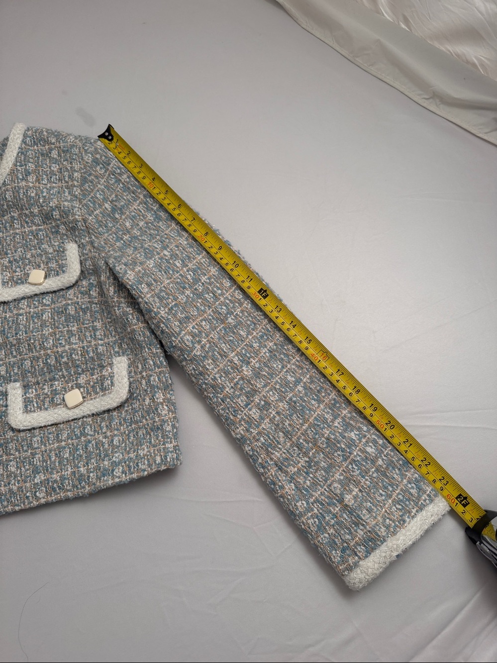 Olivaceous light blue multicolor tweed satin lined boxy blazer - Picture 8 of 9